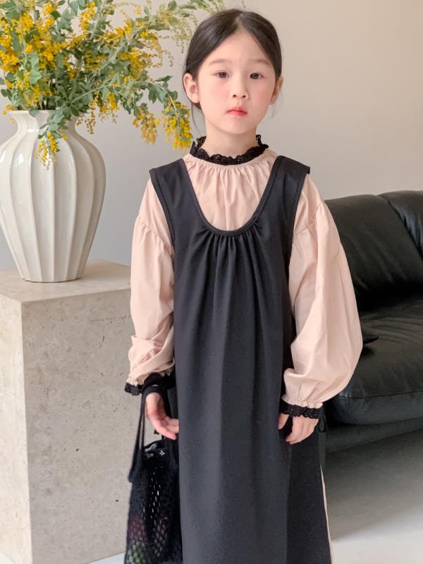 セットアップ 女の子 韓国風 フリル襟 パフスリーブ 長袖 ブラウス 無地 ジャンパースカート サロペッ..