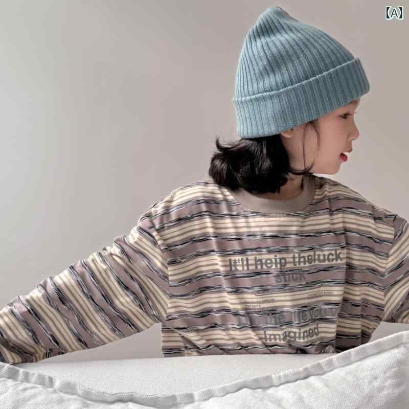 キッズ 男の子 女の子 カットソー トップス 韓国風 ゆったり クルーネック ストライプ柄 長袖 綿素材 ..