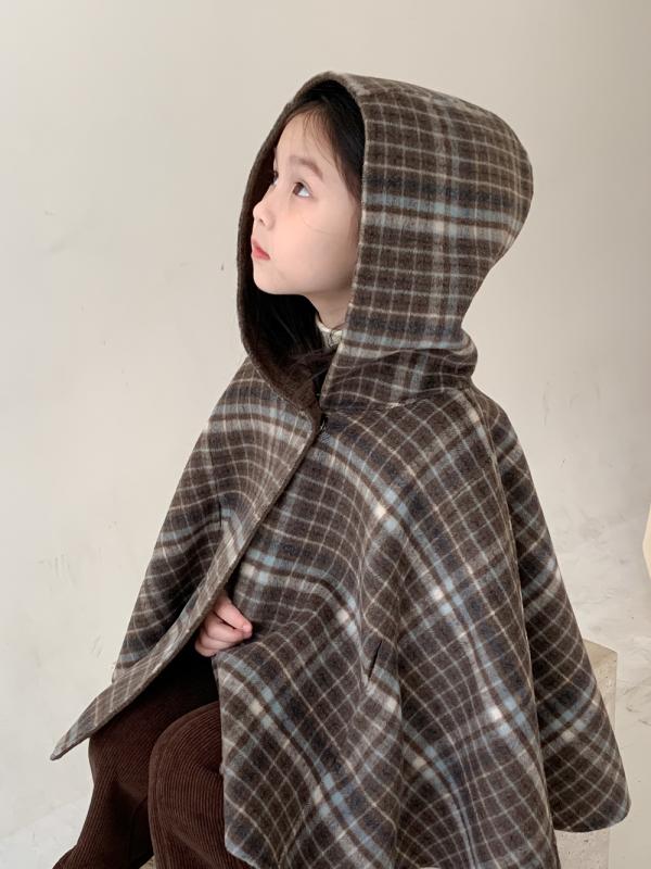 キッズ 女の子 ポンチョ チェック柄 フード付き ケープ ダブルフェイス ウール混素材 厚手 冬 防寒 韓..