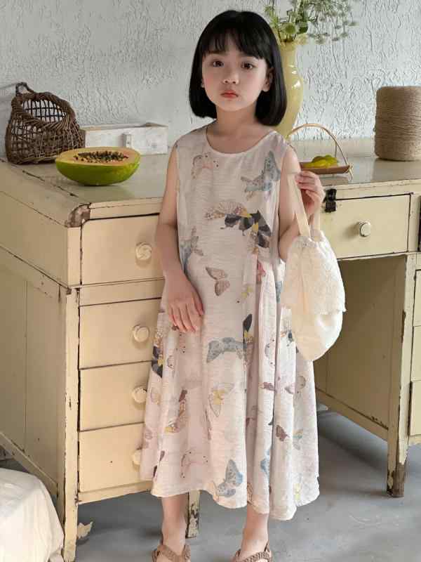 ワンピース 女の子 ベビー キッズ 韓国風 蝶々柄 バタフライプリント キャミソールワンピース ロング ..