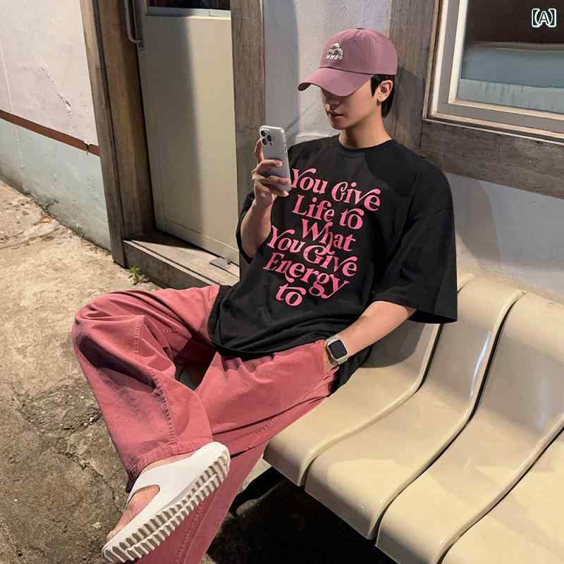 Tシャツ メンズ レタープリント ロゴ ドロップショルダー オーバーサイズ ゆったり 半袖 コットン 韓国ファッション 通勤 カジュアル 夏物 クルーネック トップス ブラック ホワイトグレー(4)