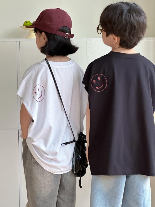 Tシャツ キッズ 男の子 女の子 男女兼用 子供服 韓国風 英字 スマイル クルーネック ゆったり 半袖 カ..