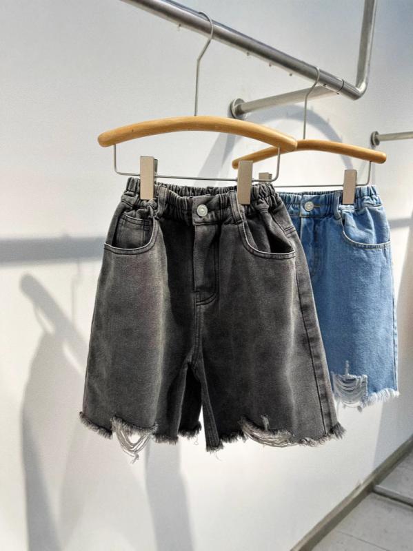 キッズパンツ ユニセックス 韓国風 カジュアル ゆったり ルーズ デニム ジーンズ ダメージ加工 五分丈 ..