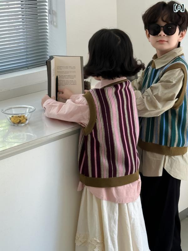 ニットベスト キッズ 男の子 女の子 韓国風 縦ストライプ 丸首 柔らかな肌触り アクリル ナイロン ポリ..