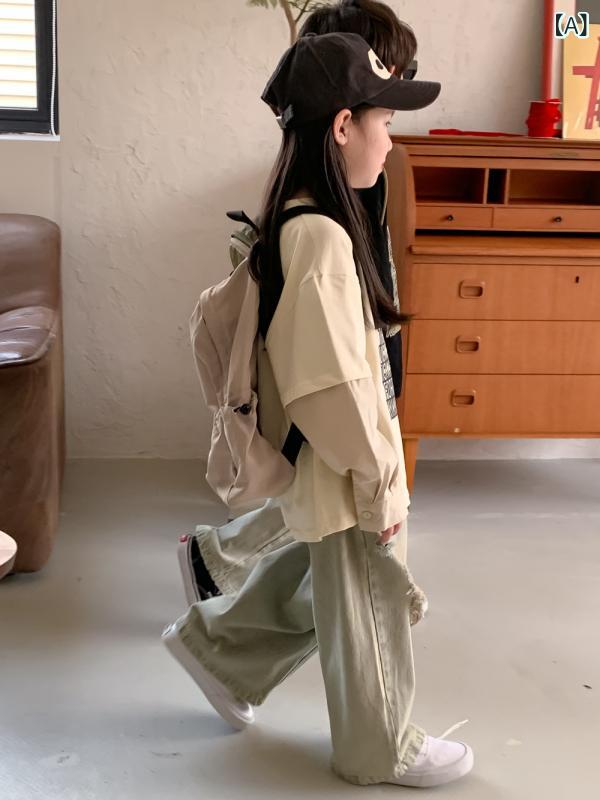 Tシャツ キッズ 男の子 女の子 韓国風 ラウンドネック 英字プリント ロゴ 長袖 フェイクレイヤード 重..