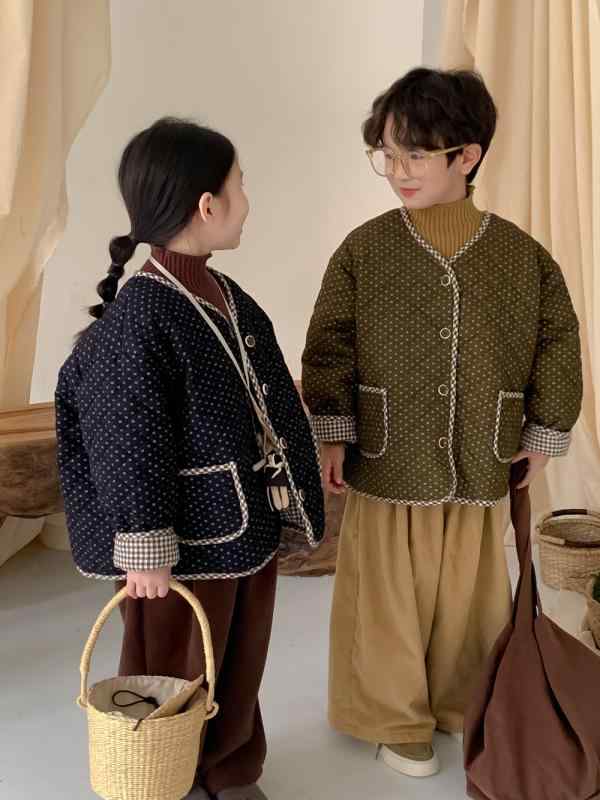 キッズ 男の子 女の子 中綿ジャケット 韓国風 カジュアル 厚手 防寒 パイピング ドット柄 小花柄 綿混 ..