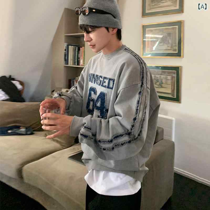 スウェット メンズ クルーネック アルファベット刺繍 ゆったり ビッグシルエット プルオーバー 韓国ファッション ヴィンテージ風 綿 長袖 カジュアル グレー