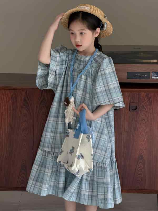 ワンピース キッズ 女の子 夏 半袖 韓国風 チェック柄 格子柄 薄手 ゆったり ルーズフィット 綿 コット..