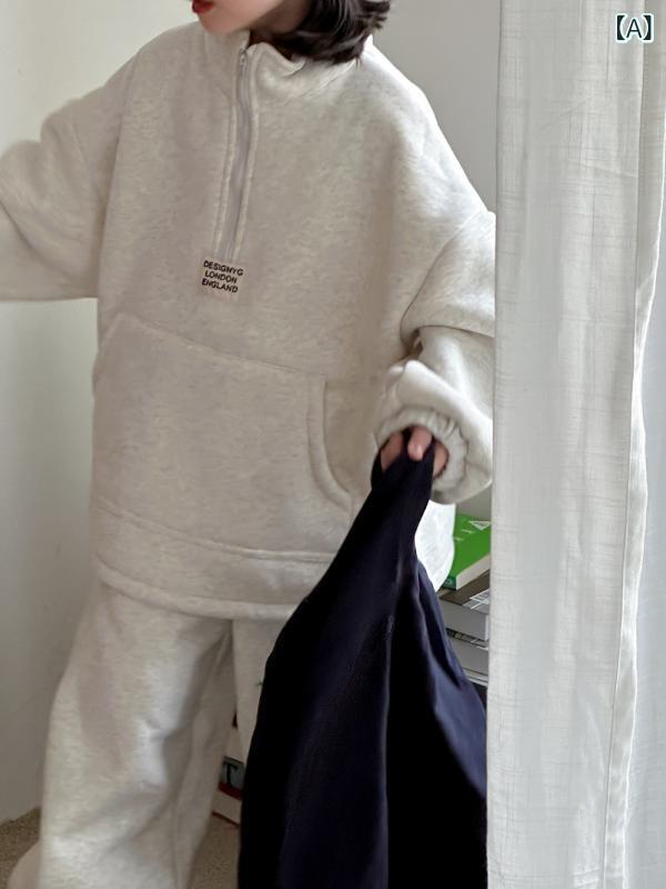 キッズ 男女兼用 セットアップ 上下セット 韓国風 ワッペン付き ハーフジップ 裏起毛 厚手 暖かい コッ..