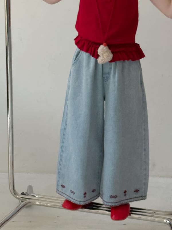 キッズ 女の子 デニムパンツ ジーンズ 長ズボン 韓国子供服 韓国風 オルチャンファッション 無地 スト..