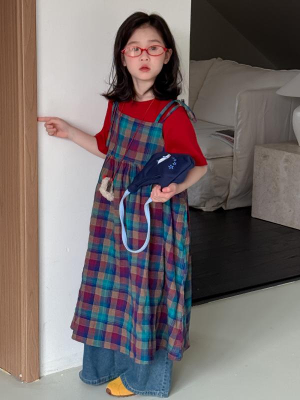 ワンピース 女の子 キッズ 子供 韓国風 カジュアル カラフル チェック柄 格子柄 ゆったり ルーズフィッ..