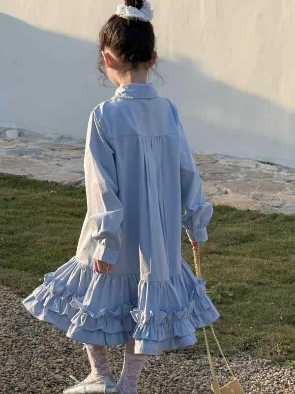 キッズ 女の子 ワンピース ドレス 韓国ファッション オルチャンスタイル フリルシャツ襟 カジュアル お..