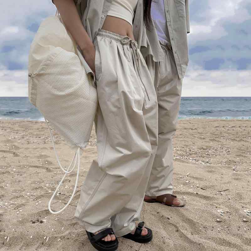 カジュアルパンツ メンズ ユニセックス 夏 韓国ファッション ゆったり リラックス ストレート ワイド ロング フルレングス 通勤 普段使い ポリエステル ストレッチ ポケット付き カーキ