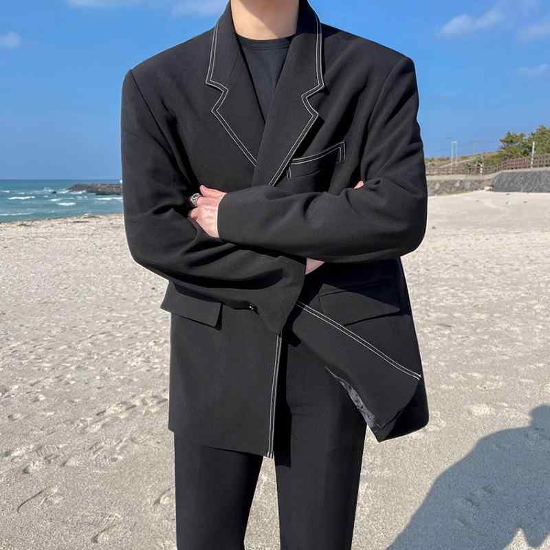 テーラードジャケット メンズ 男性用 秋 高級感 カジュアル 韓国風 おしゃれ ゆったり リラックスフィット 2ボタン シングルブレスト ノッチドラペル センターベント 上着 アウター グレー ブラック