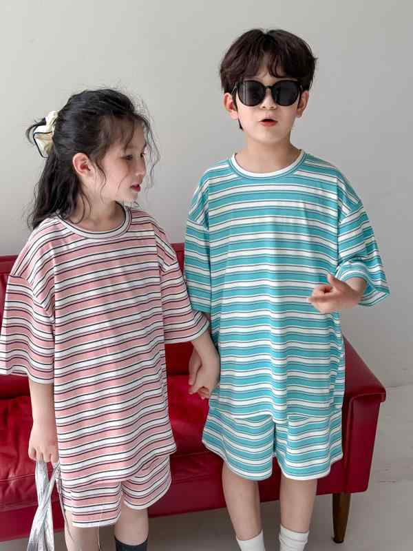 セットアップ キッズ 男の子 女の子 子供服 男女兼用 韓国ファッション クルーネック 丸首 ストライプ ..