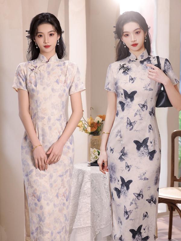 チャイナドレス レディース 中国風 レトロ 古風 半開襟 立襟 斜め襟 半袖 ロング丈 スリット ポリエス..