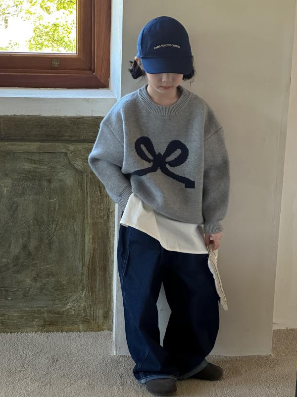 ニット ガールズ 女の子 キッズ 韓国風 リボン ラウンドネック セーター カジュアル 長袖 トップス か..