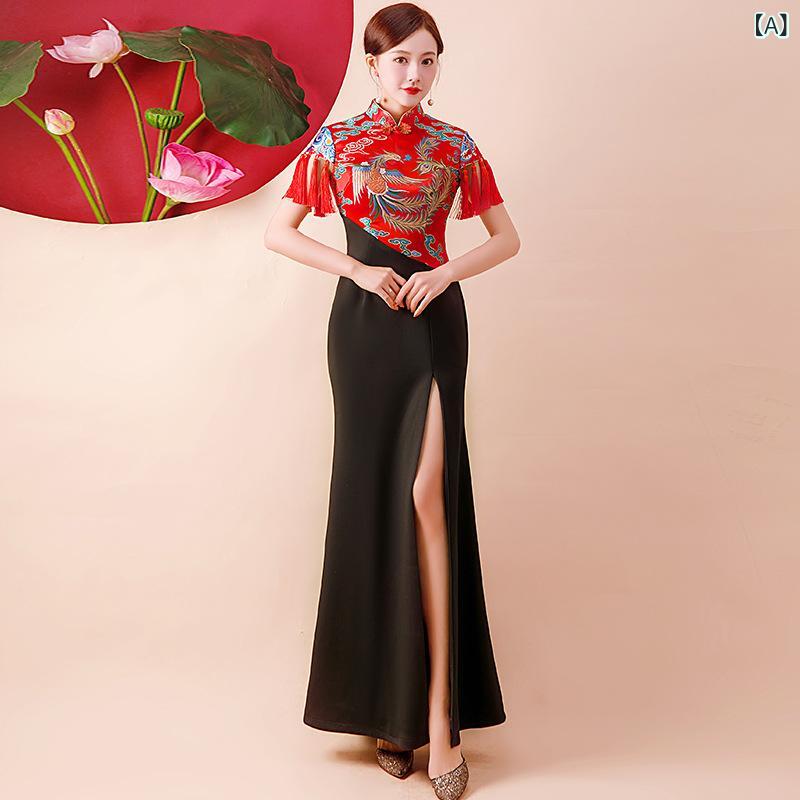 チャイナドレス レディース レッド 鳳凰柄 ロング丈 立ち襟 3分袖 ハイサイドスリット 中国風 レトロモ..