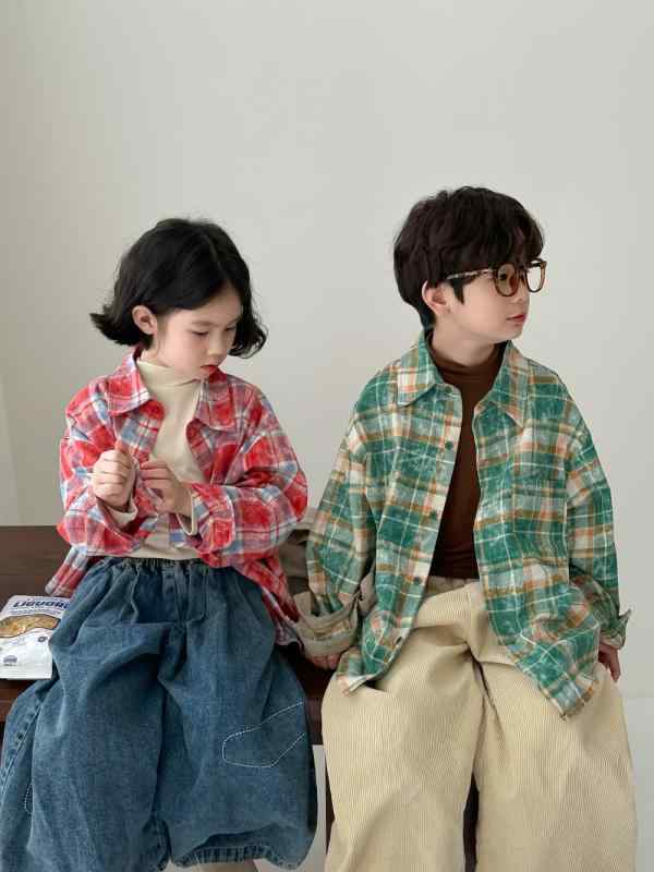 キッズ シャツ 男の子 女の子 かわいい トップス カラフル チェック柄 襟付き 長袖 ゆったり ルーズフ..