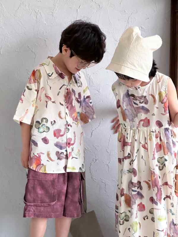 ジャンパースカート キッズ 男の子 女の子 韓国ファッション 襟付き 塗鴉プリント サロペット 綿 ソフ..