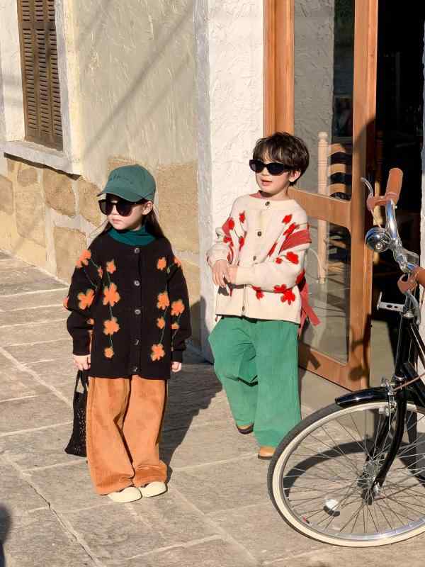 ニットカーディガン キッズ 男の子 女の子 男女兼用 韓国風 花柄 ゆったり カジュアル 綿 長そで シン..