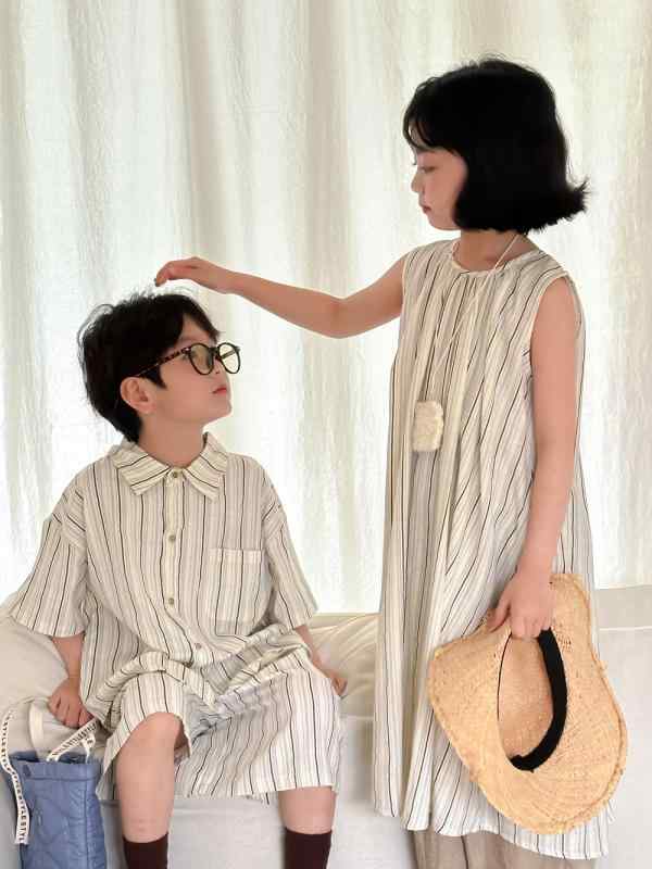 キッズ 男の子 女の子 男女兼用 韓国風 オルチャン 縦ストライプ柄 半袖 Tシャツ ショートパンツ 2点セ..