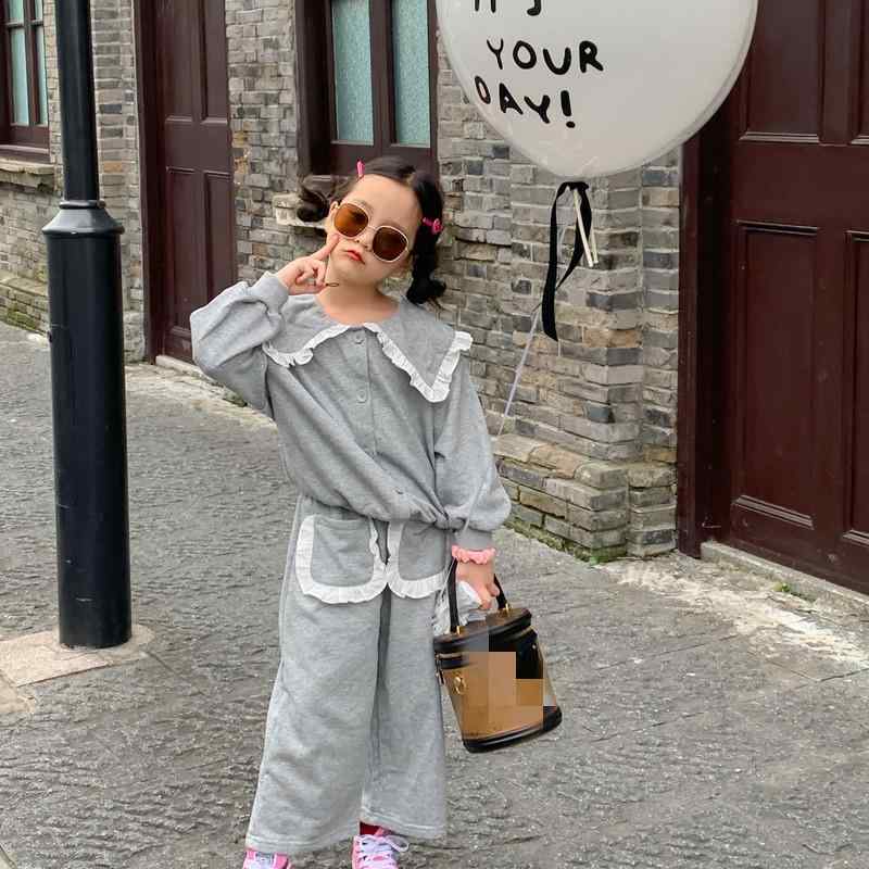 キッズ 女の子 韓国風 フリル襟 長袖 カーディガン ロングパンツ セットアップ 2点セット 無地 綿 コッ..