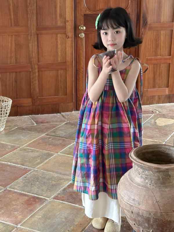 ワンピース 女の子 ベビー キッズ 幼児 小学生 韓国風 チェック柄 キャミソール ノースリーブ ジャンパ..