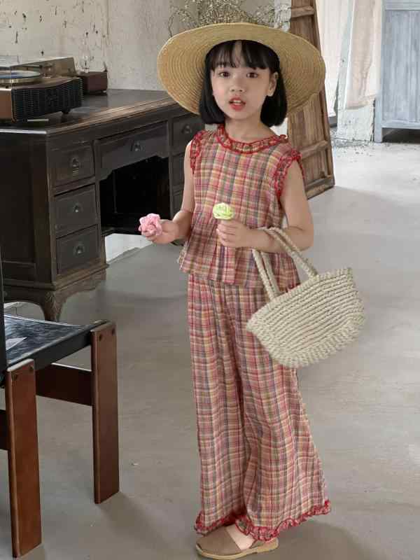 セットアップ キッズ 女の子 韓国風 夏物 カジュアル かわいい チェック柄 ノースリーブトップス ゆっ..