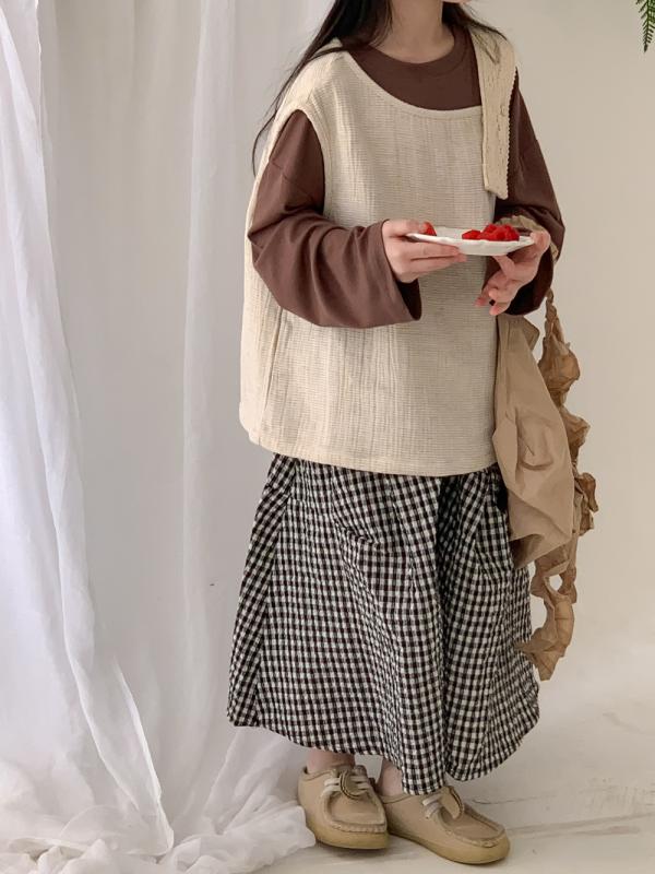 キッズ 女の子 セットアップ 韓国風 チェック柄 フレアスカート ノースリーブ ベスト 2点セット 綿素材..