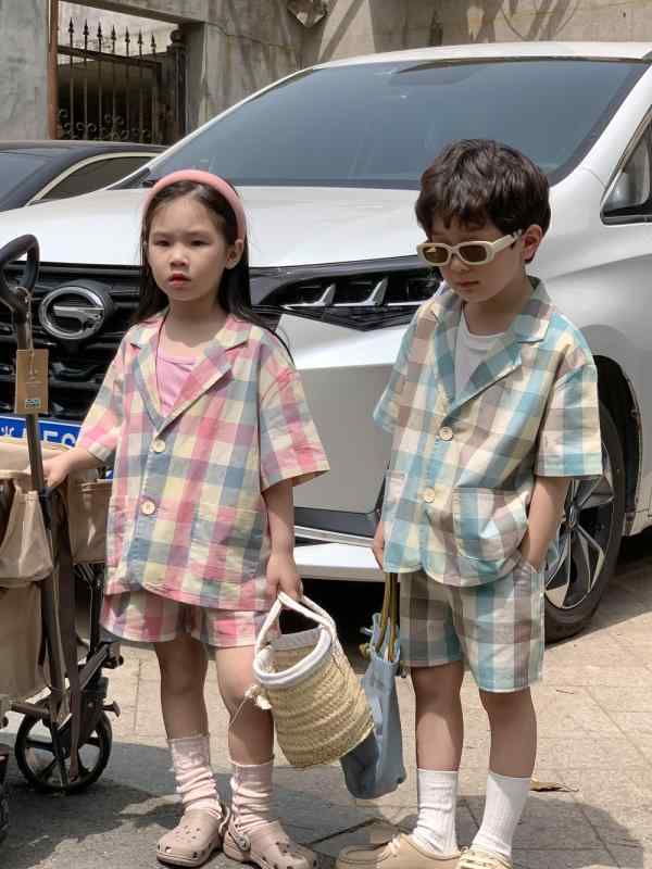セットアップ キッズ 男女兼用 韓国ファッション カラフル チェック柄 格子柄 半袖 ショートパンツ 上..