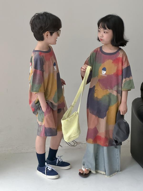 セットアップ キッズ 男女兼用 ロング丈 Tシャツワンピース 半袖 ショートパンツ 2点セット 綿 コット..