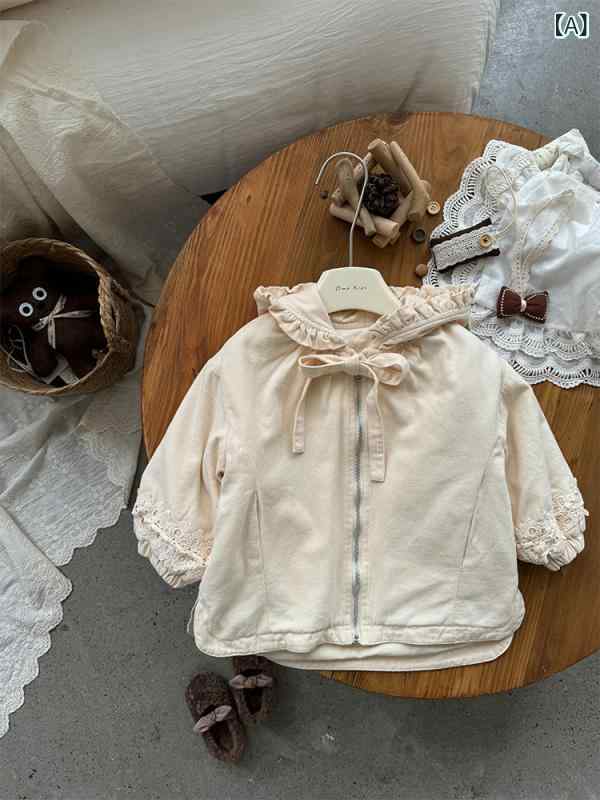 キッズ 女の子 コート 韓国風 中綿入り 厚手 防寒 フード付き ミドル丈 袖口リボン フリル レース ナチュラル かわいい 上品 着回し お出かけ 通園 通学 普段使い ピンク アプリコット コットン ポリエステル