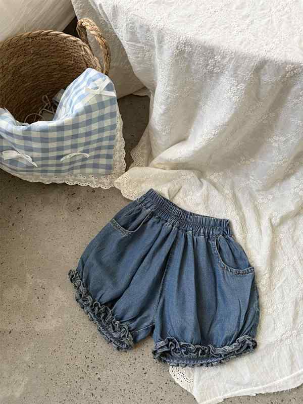 キッズ 女の子 韓国風 おしゃれ かわいい デニム ショートパンツ フリル メローフリル ソフト コットン..
