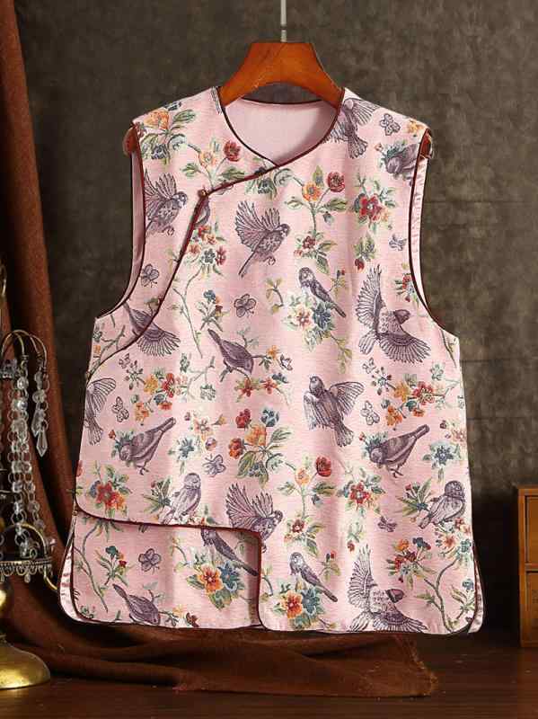 ベスト レディース 中華風 チャイナシック レトロモダン ジレ ジャガード織り 斜め前合わせ 丸首ネック..