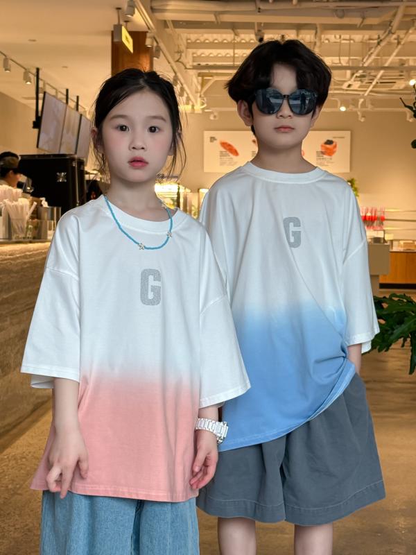 Tシャツ キッズ 男女兼用 韓国風 かわいいアルファベット柄 グラデーション 半袖 クルーネック ゆった..