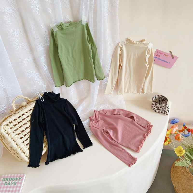 Tシャツ 女の子 ガールズ ハイネック モックネック 長袖 メロウフリル 綿 コットン 無地 柔らかい ソフ..