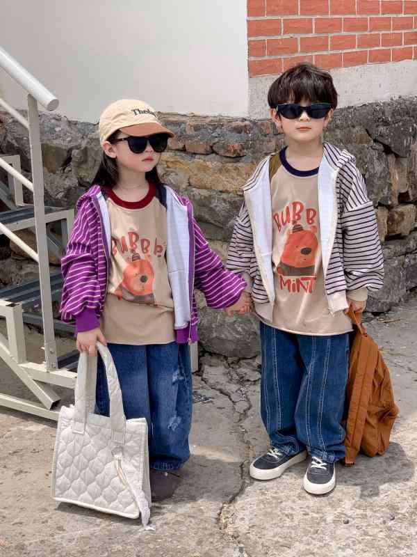 ジャケット キッズ 男女兼用 男の子 女の子 韓国風 ストライプ ボーダー ジップアップ フード付き ゆったり ルーズフィット 綿 コットン かわいい カジュアル 長袖 秋アウター ブルゾン