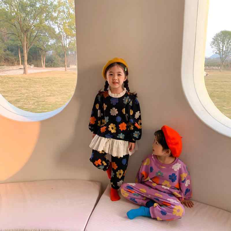 セットアップ キッズ 男の子 女の子 男女兼用 韓国ファッション ひまわり 花柄 フリル 長袖長ズボン 上下2点セット カジュアル かわいい 柔らかい ソフトタッチ 普段着 お出かけ 通学 兄妹 リンクコーデ お揃い ペア 春秋 綿コットン