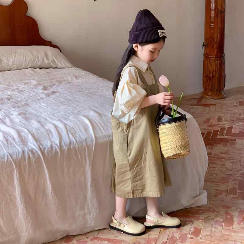 キッズ 女の子 ジャンパースカート フェイクレイヤード シャツ襟 ランタンスリーブ 韓国ファッション ..