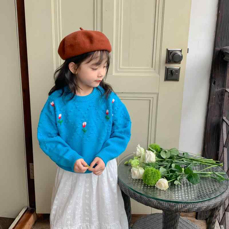 ニット 女の子 キッズ 子供服 韓国風 花柄 丸首 プルオーバー 長袖 綿 コットン セーター トップス か..