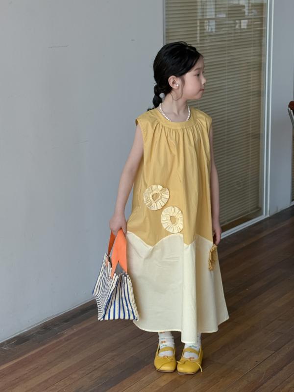 ワンピース 女の子 ベビーキッズ 韓国風 オルチャンスタイル 配色 花柄 ノースリーブ Aライン コットン..