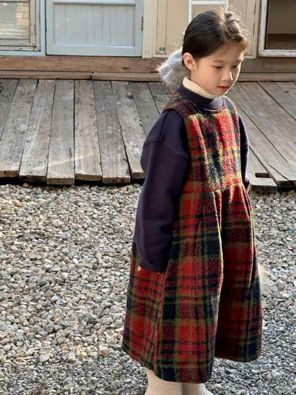 ワンピース 女の子 韓国子供服 チェック柄 ツイード ジャンパースカート 厚手 裏地付き コットン ミド..