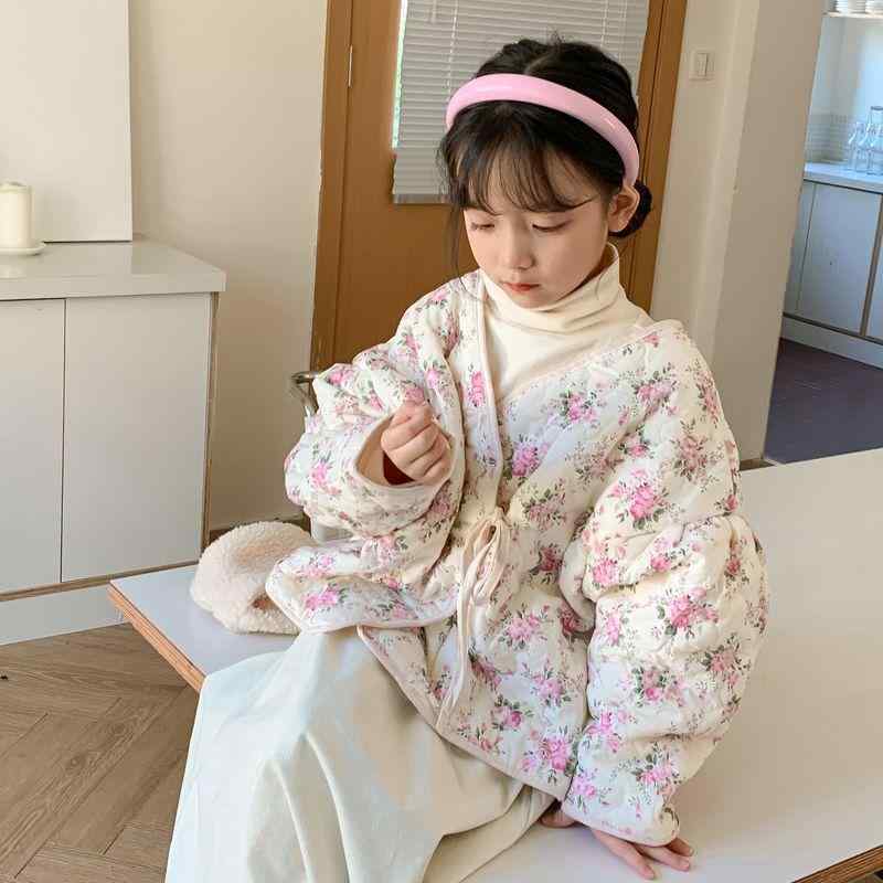 キッズ 女の子 中綿ジャケット 韓国風 小花柄 コットン Vネック ゆったり ウエストリボン 柔らか 厚手 暖かい 秋冬アウター 子供服 コート 普段着 通園 ...