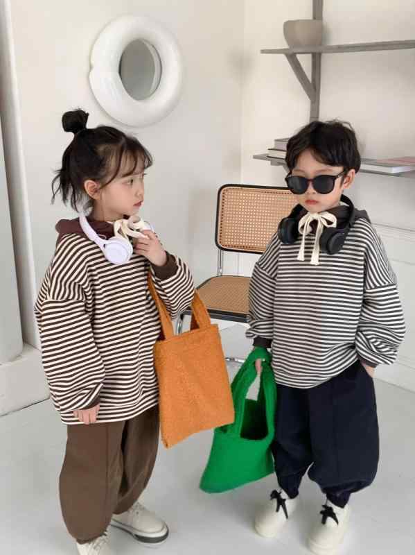 キッズ 男の子 女の子 トレーナー スウェット フード付き プルオーバー 長袖 ストライプ ボーダー 綿 ..
