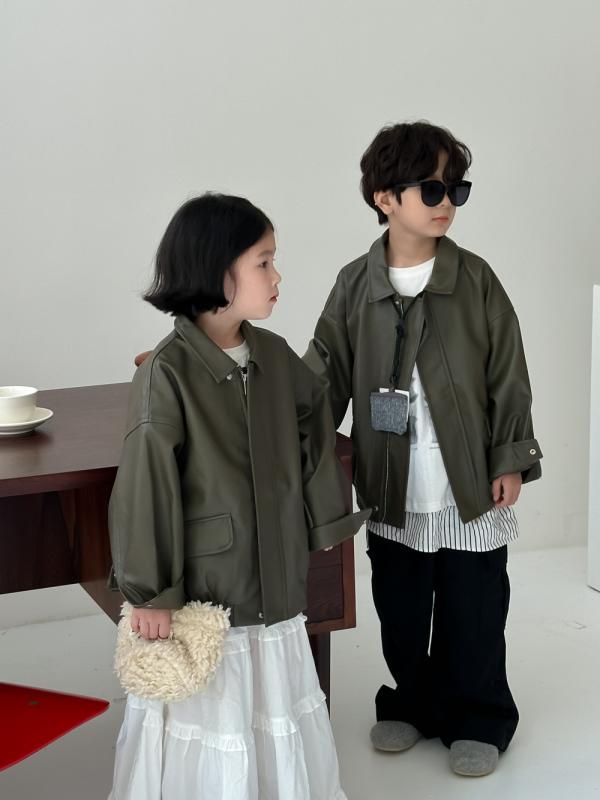 キッズ アウター 男の子 女の子 韓国ファッション フェイクレザー 革ジャン ジップアップ テーラードカ..