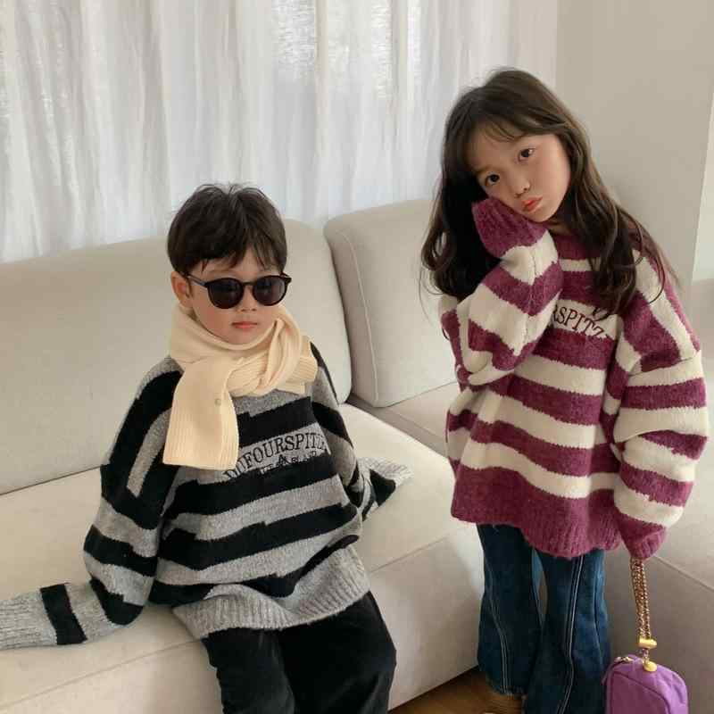 ニット セーター キッズ 男女兼用 韓国風 ボーダー柄 刺繍 厚手 クルーネック ゆったり 長袖 綿 柔らか..