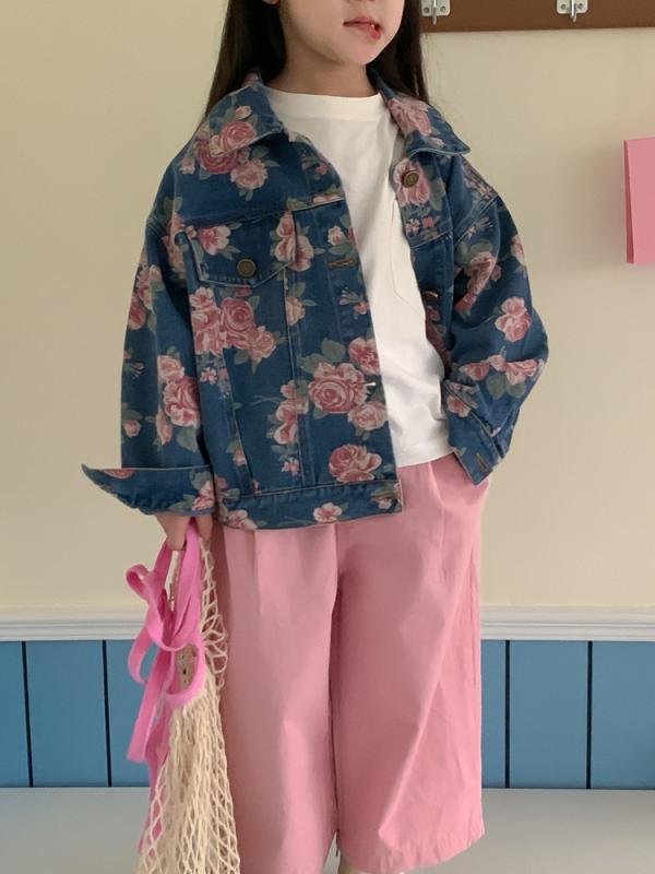 ジャケット 女の子 キッズ 韓国風 オルチャン 花柄 総柄 デニムジャケット 襟付き 長袖 ショート丈 カジュアル アウター 綿 柔らかい かわいい 普段使い お出かけ