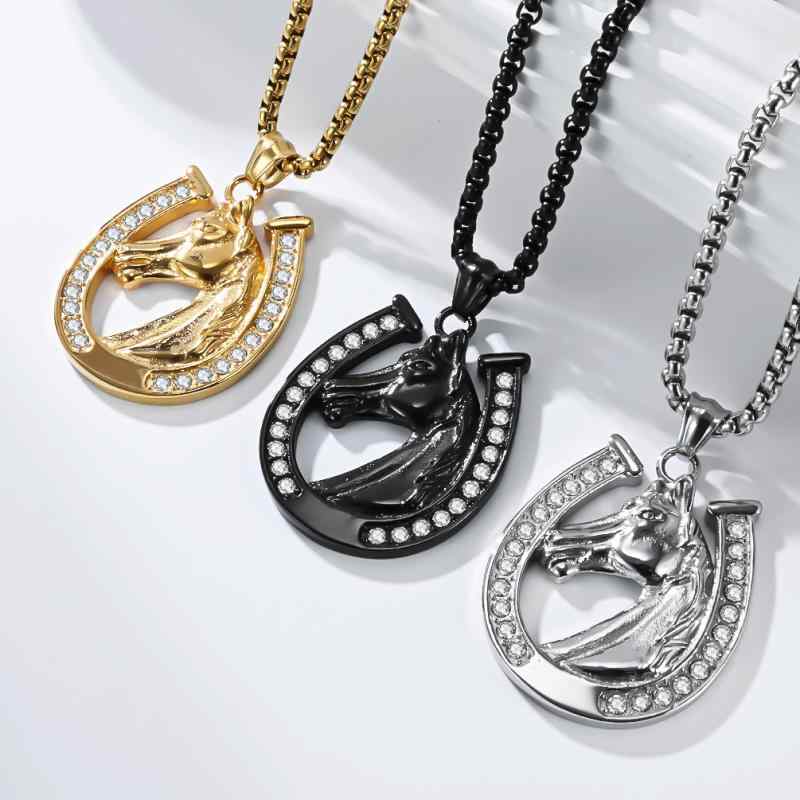 ネックレス メンズ ホースシュー 馬蹄 馬頭 フルダイヤ ヒップホップ ステンレス サージカルステンレス..
