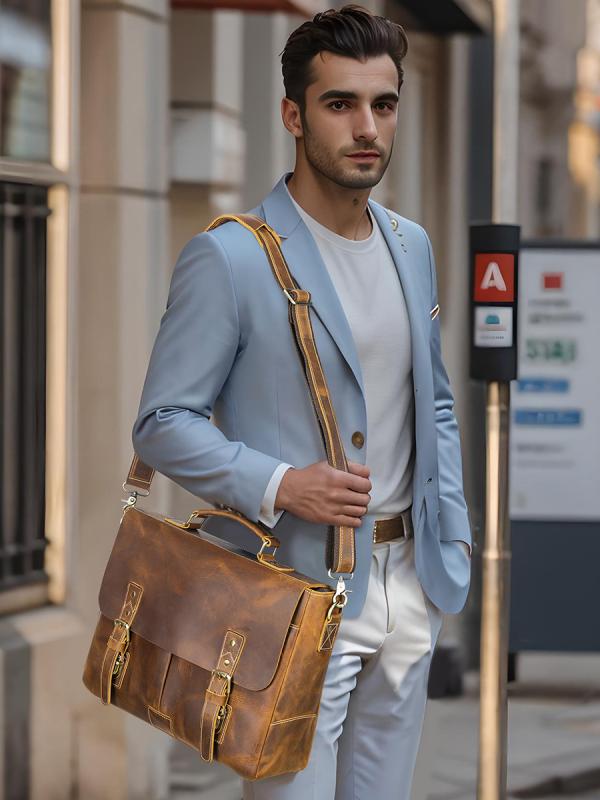 ビジネスバッグ メンズ 欧米風 レトロ カジュアル ビジネス ブリーフケース PCバッグ 15インチPC対応 本革 牛革 レザー 大容量 ショルダーバッグ 斜め掛け 耐久性 無地 ステッチ コーヒー ダークブラウン